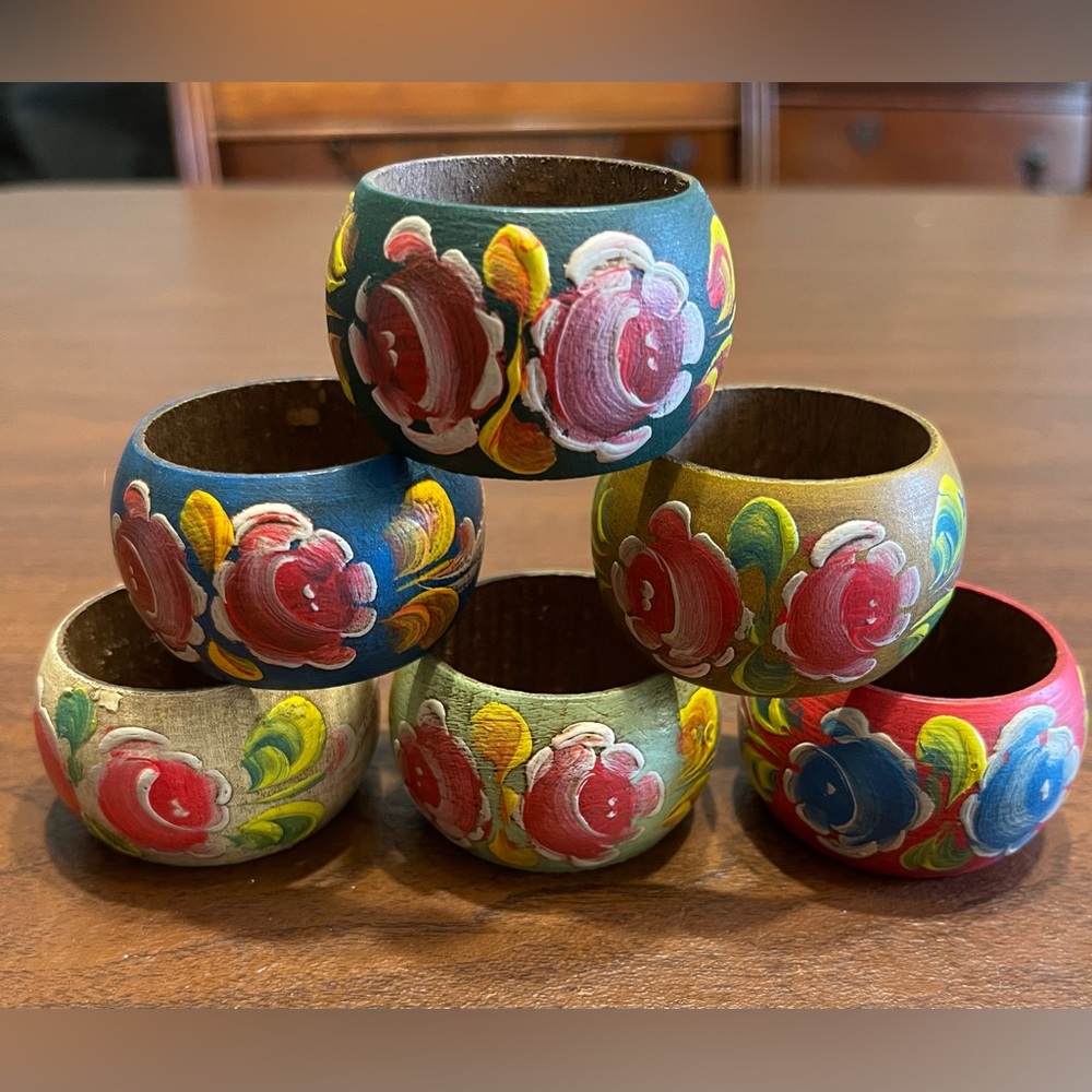 Vintage Hand-Painted Folk Art Floral Napkin Rings